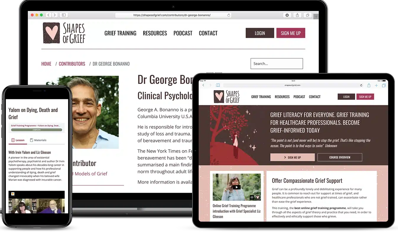 The Shapes of Grief site shown on a laptop, a tablet and a phone.