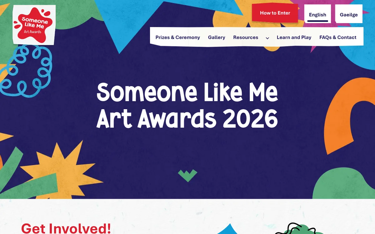 The Someone Like Me Art Awards homepage in English, with the navigation, English and Gaeilge switch and the awards title on a dark blue background.