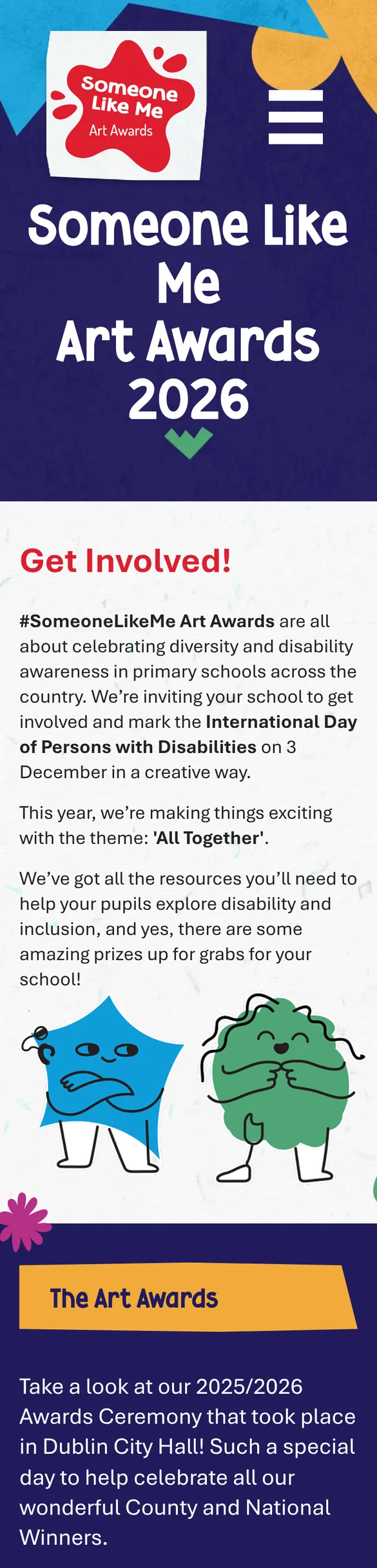 The Someone Like Me Art Awards homepage on a phone, scrolling from the logo and awards title down through the Get Involved introduction and the awards illustrations.