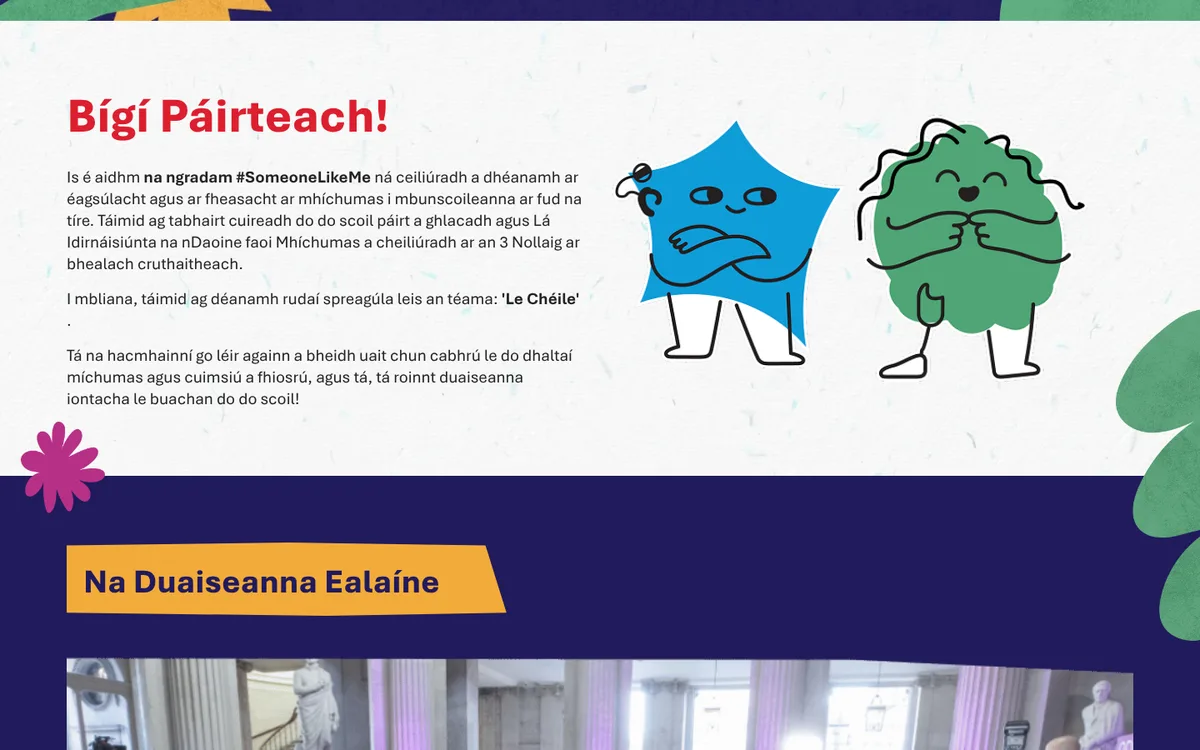 The Irish language homepage, headed Duaiseanna Ealaine Duine Cosuil Liom 2026, with the Irish navigation.