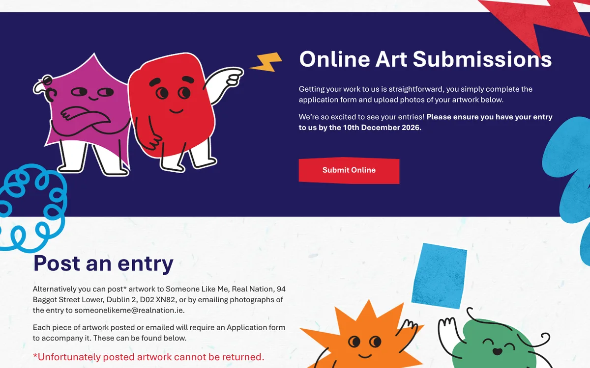 The Online Art Submissions section of the How to Enter page, with a Submit Online button, the entry deadline and the postal and email option.