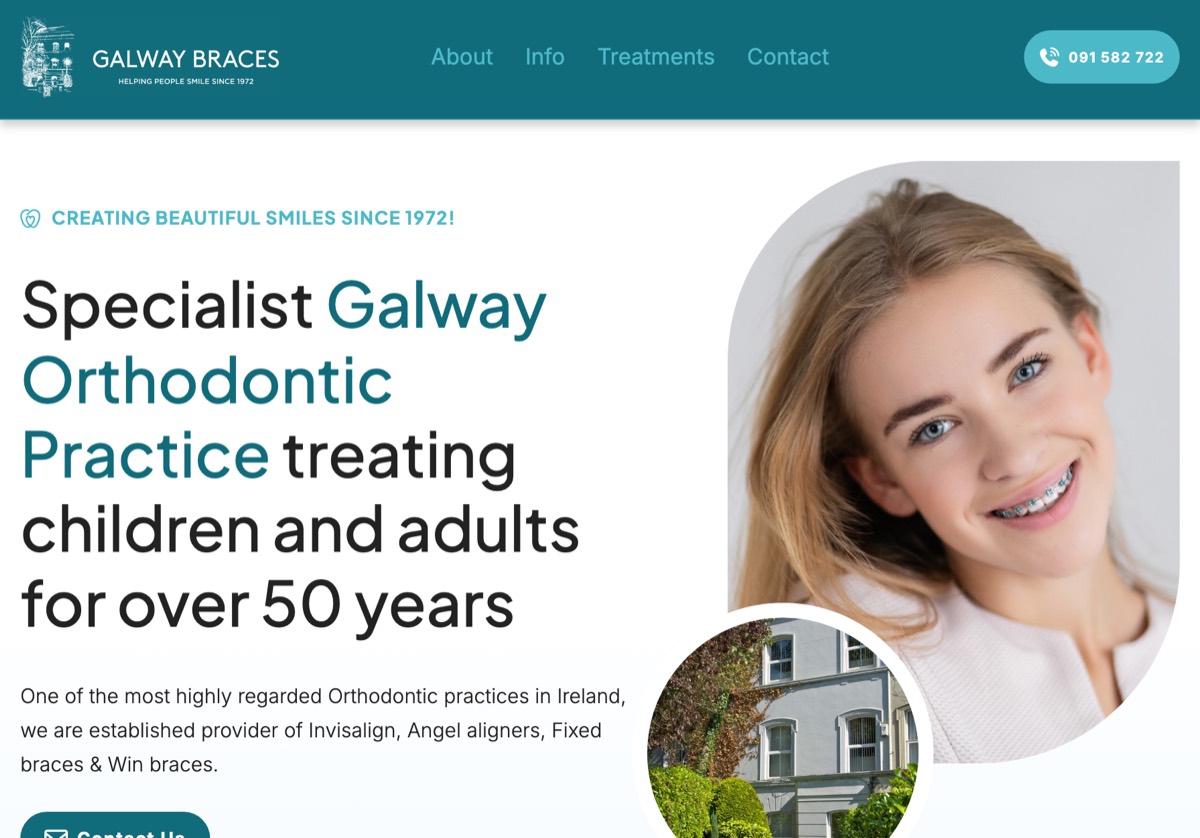 Galway Braces homepage, an orthodontic practice site headed Specialist Galway Orthodontic Practice.