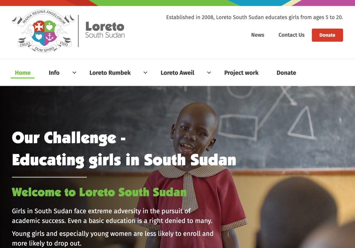 Loreto South Sudan homepage, headed Educating girls in South Sudan, with a donate button in the header. Shown with its donation form, which offers one-off or monthly gifts from 15 to 120 euro.