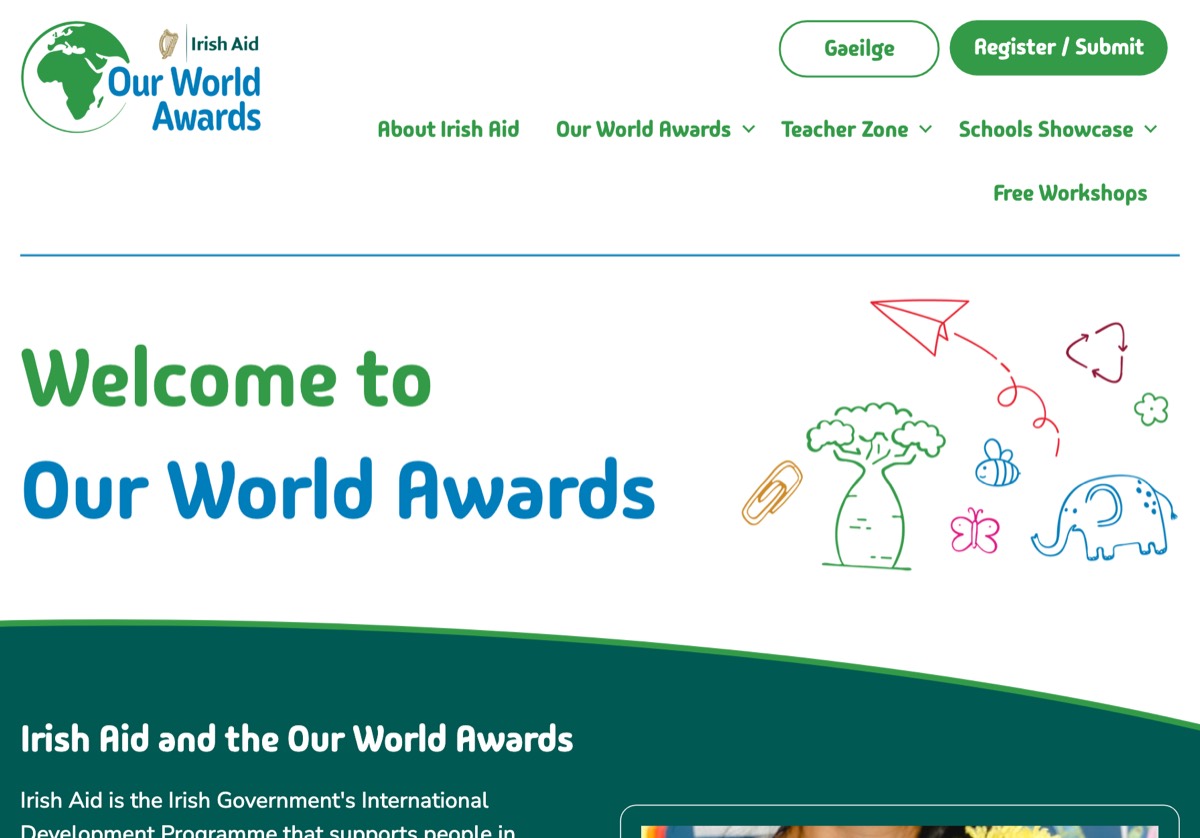 Our World Awards homepage for Irish Aid, a bilingual schools site with a Gaeilge switch, headed Welcome to Our World Awards. Built in partnership with Real Nation, who designed and ran the project.