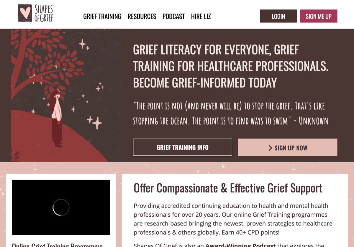 Shapes of Grief homepage, a grief training platform with course sign-up and an illustrated hero. Shown with a learner’s view of the course: a lesson marked complete, and progress through the four levels of the Grief Training Programme.